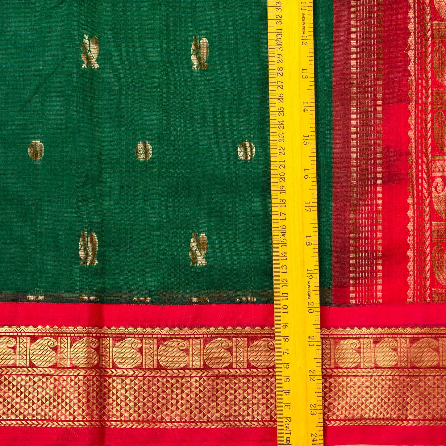 Green And Red Kanchi Silk Cotton Saree With Chakram Annam Motifs For Festive Wear VP SC 161