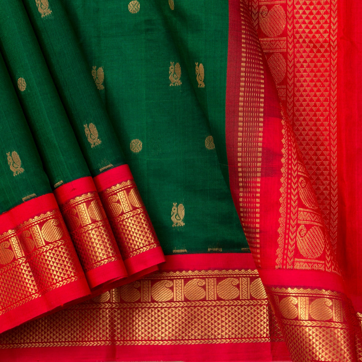 Green And Red Kanchi Silk Cotton Saree With Chakram Annam Motifs For Festive Wear VP SC 161