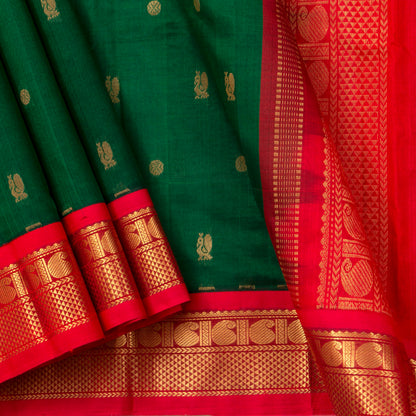 Green And Red Kanchi Silk Cotton Saree With Chakram Annam Motifs For Festive Wear VP SC 161