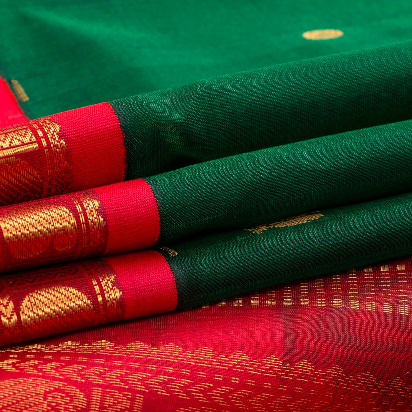 Green And Red Kanchi Silk Cotton Saree With Chakram Annam Motifs For Festive Wear VP SC 161