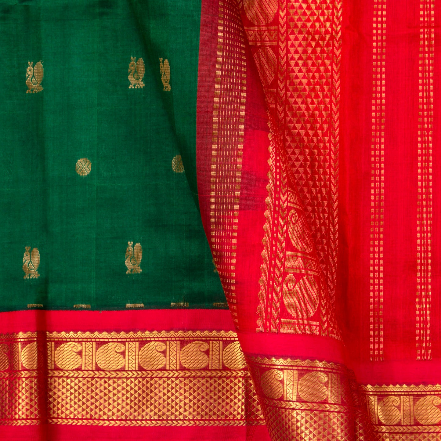 Green And Red Kanchi Silk Cotton Saree With Chakram Annam Motifs For Festive Wear VP SC 161