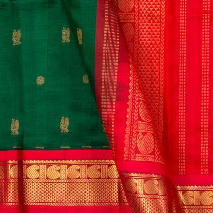 Green And Red Kanchi Silk Cotton Saree With Chakram Annam Motifs For Festive Wear VP SC 161