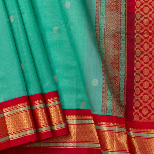 Teal And Red Kanchi Silk Cotton Saree With Rudraksha Motifs For Festive Wear VP SC 162