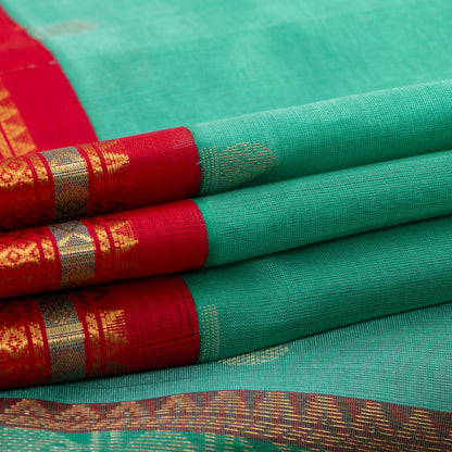 Teal And Red Kanchi Silk Cotton Saree With Rudraksha Motifs For Festive Wear VP SC 162
