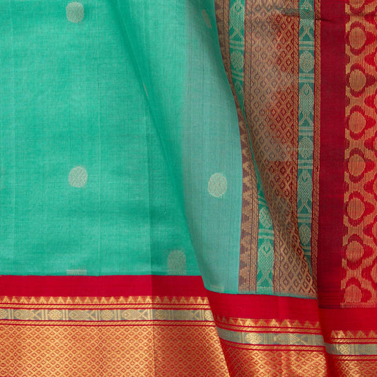 Teal And Red Kanchi Silk Cotton Saree With Rudraksha Motifs For Festive Wear VP SC 162 - Silk Cotton - Panjavarnam VP SC 162