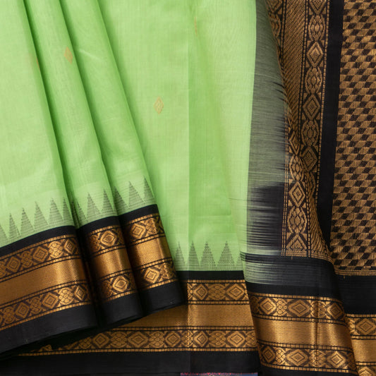 Pista Green And Black Kanchi Silk Cotton Saree With Temple Korvai Border For Festive Wear VP SC 165