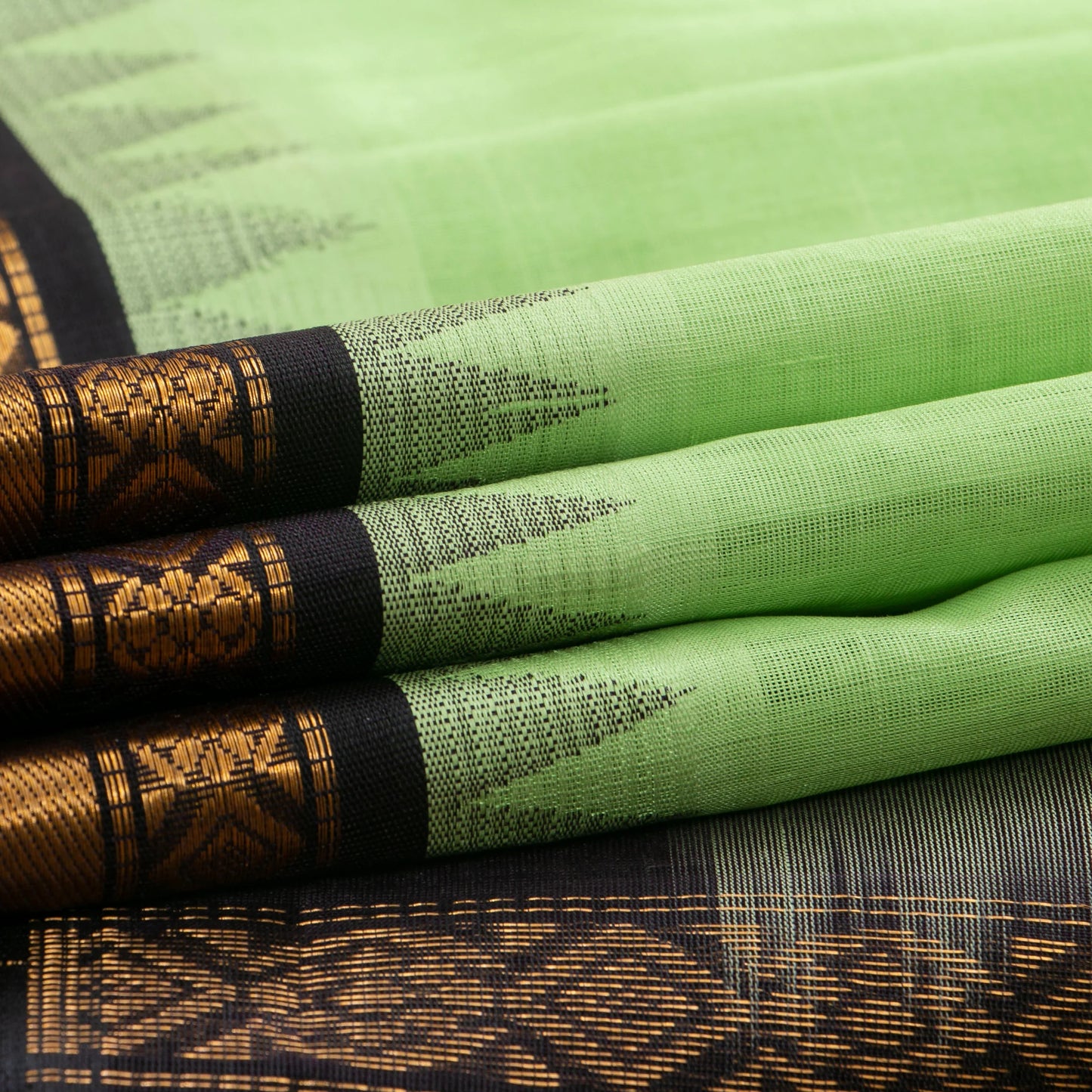 Pista Green And Black Kanchi Silk Cotton Saree With Temple Korvai Border For Festive Wear VP SC 165