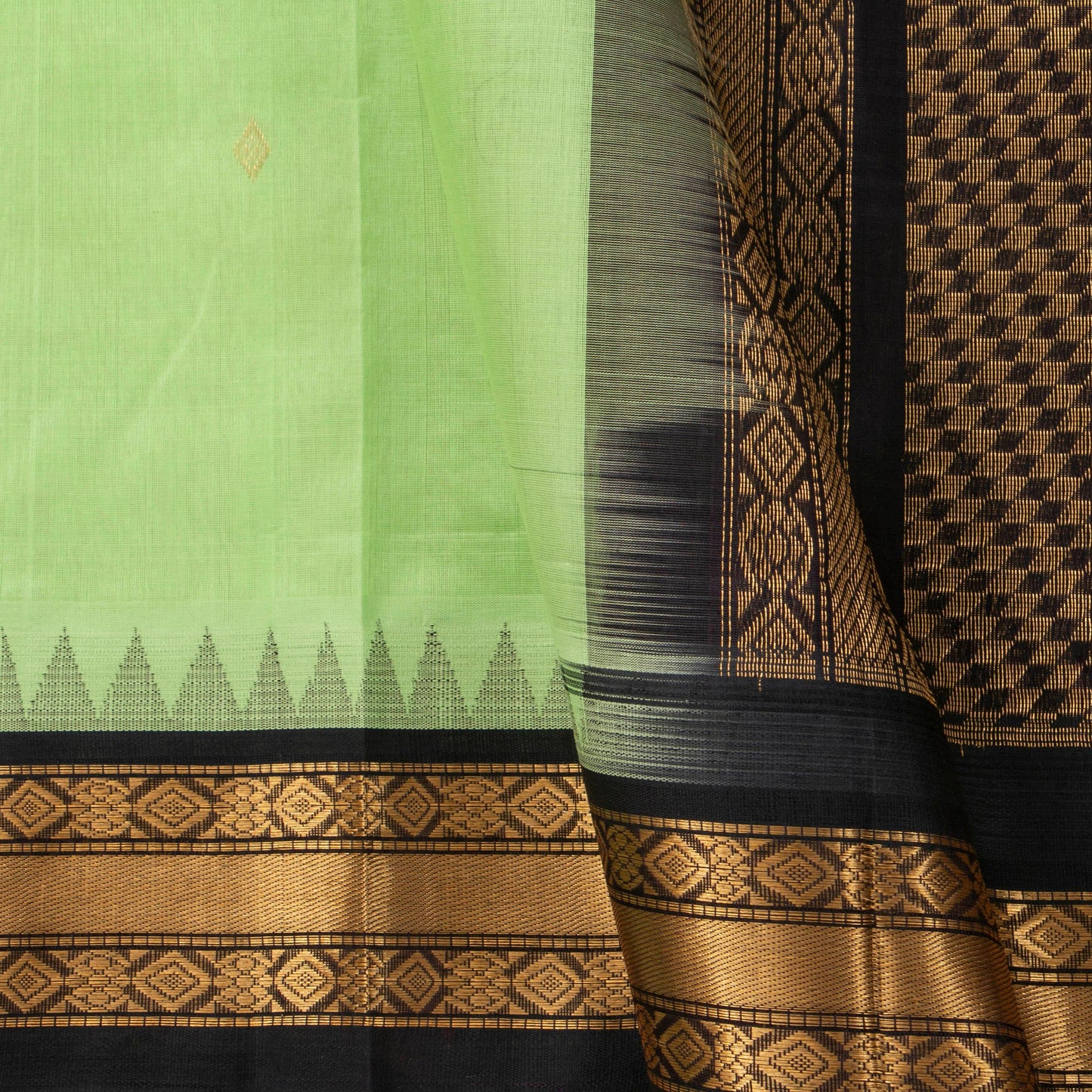 Pista Green And Black Kanchi Silk Cotton Saree With Temple Korvai Border For Festive Wear VP SC 165