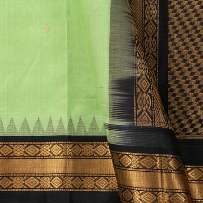 Pista Green And Black Kanchi Silk Cotton Saree With Temple Korvai Border For Festive Wear VP SC 165