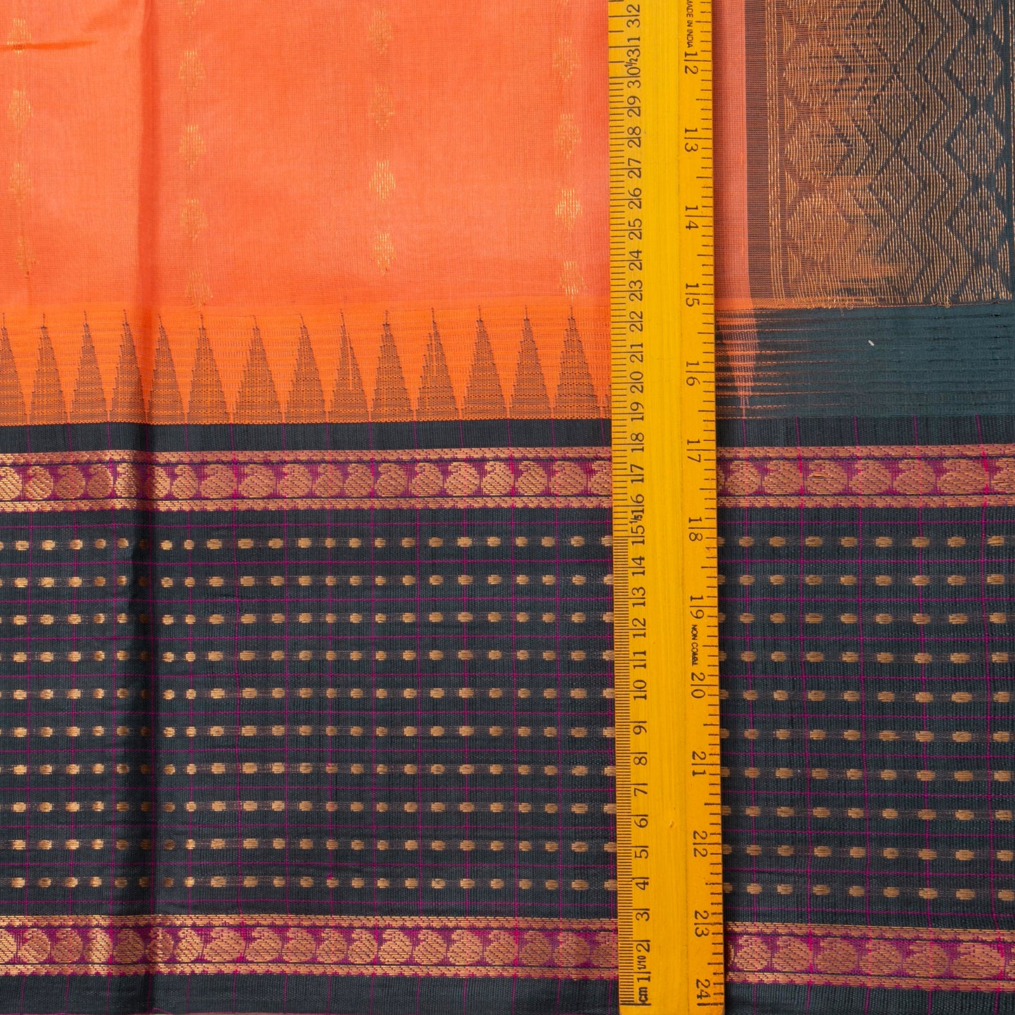 Peach And Green Kanchi Silk Cotton Saree With Zari Checks For Festive Wear VP SC 175