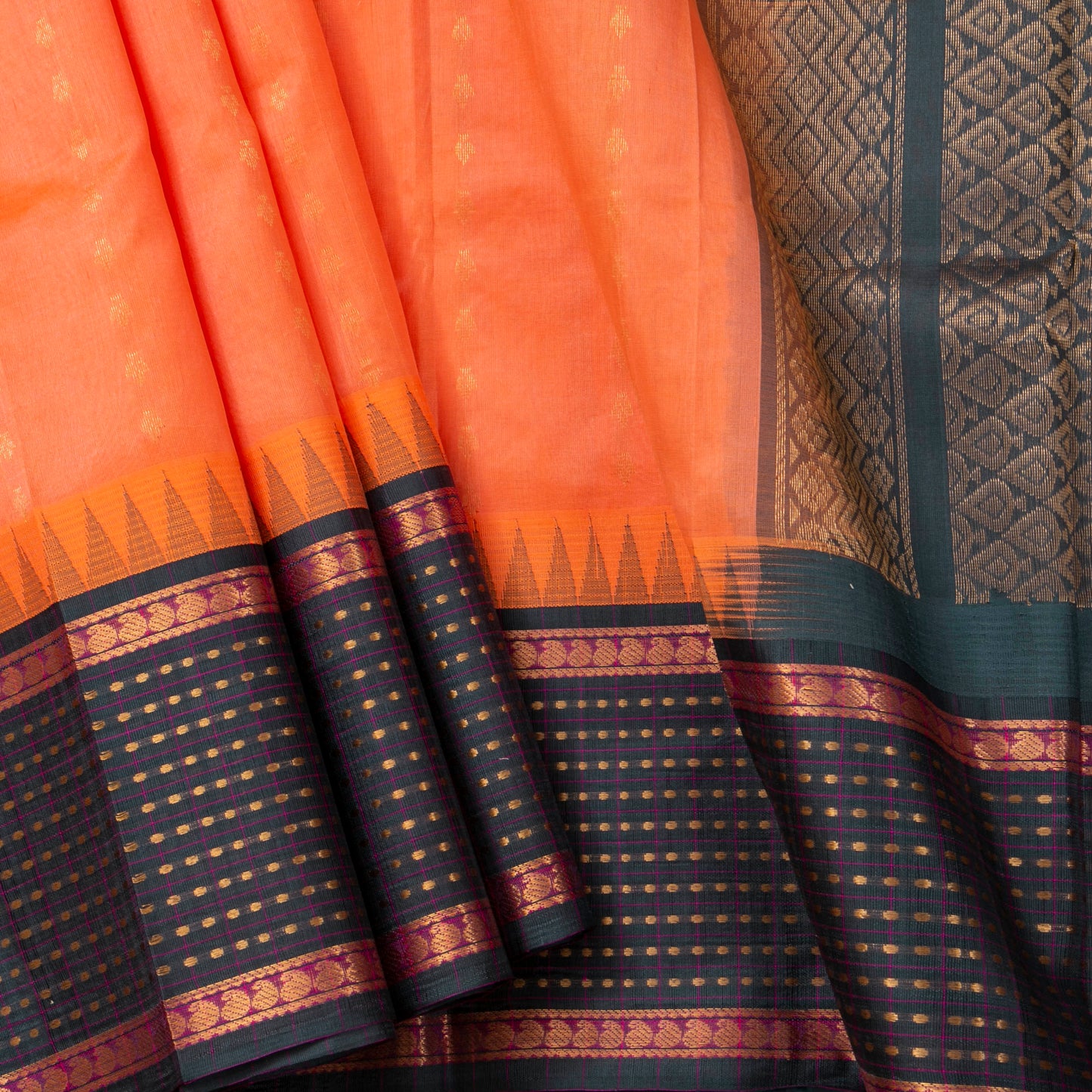 Peach And Green Kanchi Silk Cotton Saree With Zari Checks For Festive Wear VP SC 175