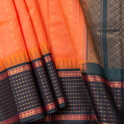 Peach And Green Kanchi Silk Cotton Saree With Zari Checks For Festive Wear VP SC 175