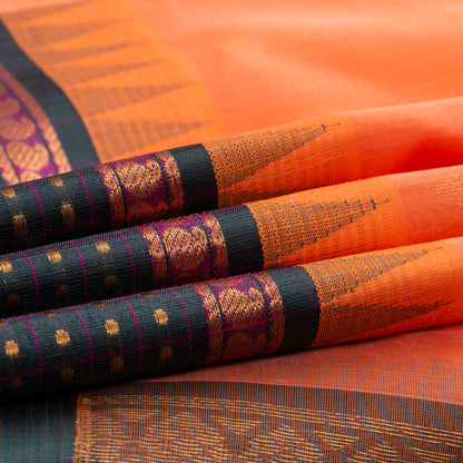 Peach And Green Kanchi Silk Cotton Saree With Zari Checks For Festive Wear VP SC 175