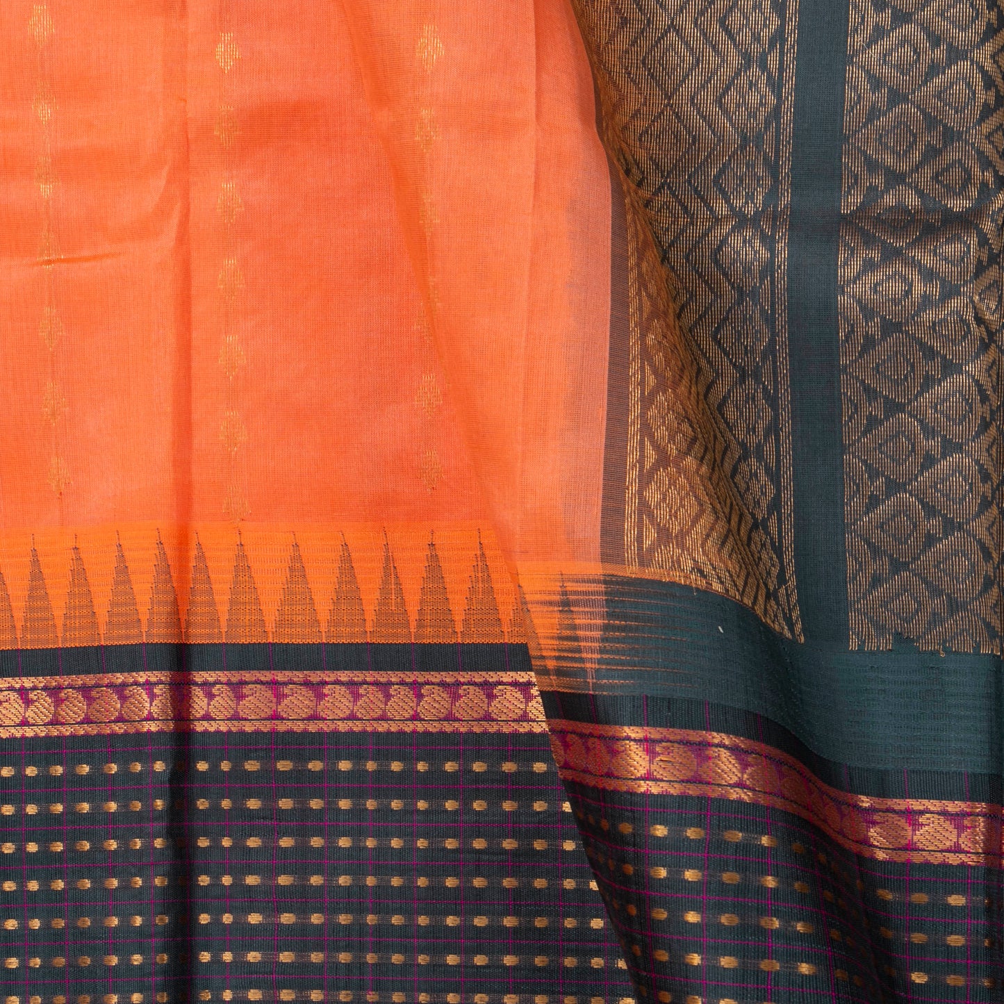Peach And Green Kanchi Silk Cotton Saree With Zari Checks For Festive Wear VP SC 175