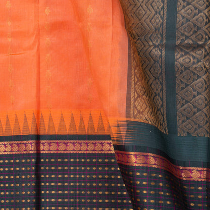Peach And Green Kanchi Silk Cotton Saree With Zari Checks For Festive Wear VP SC 175