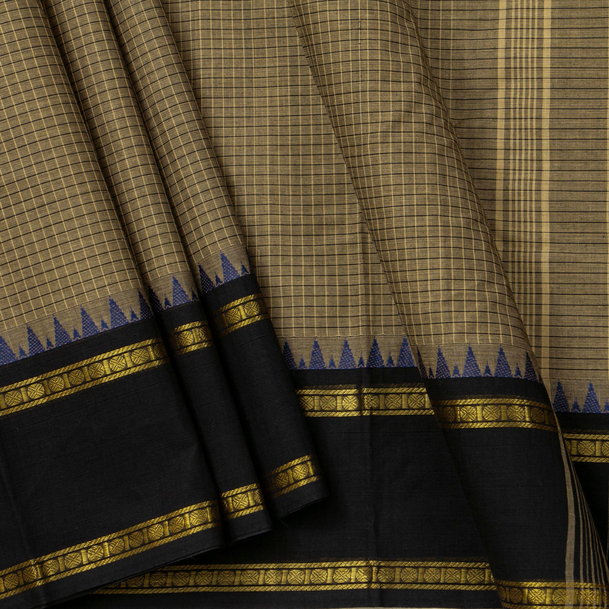 Fawn And Black Kanchi Cotton Saree For Festive Wear PV MM KC 739