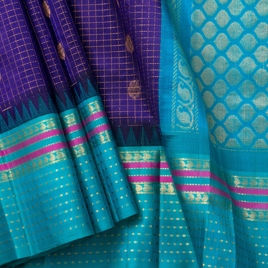 Violet And Cyan Kanchi Silk Cotton Saree With Zari Checks For Festive Wear VP SC 176