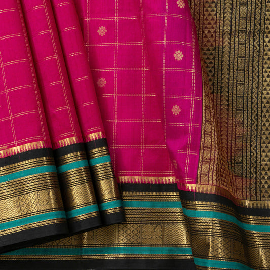 Pink And Black Kanchi Silk Cotton Saree With Zari Checks For Festive Wear VP SC 173