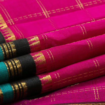 Pink And Black Kanchi Silk Cotton Saree With Zari Checks For Festive Wear VP SC 173