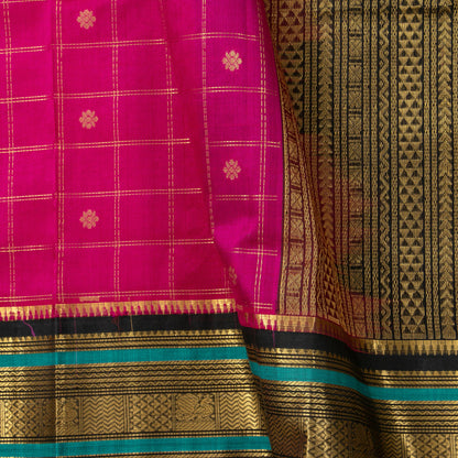 Pink And Black Kanchi Silk Cotton Saree With Zari Checks For Festive Wear VP SC 173