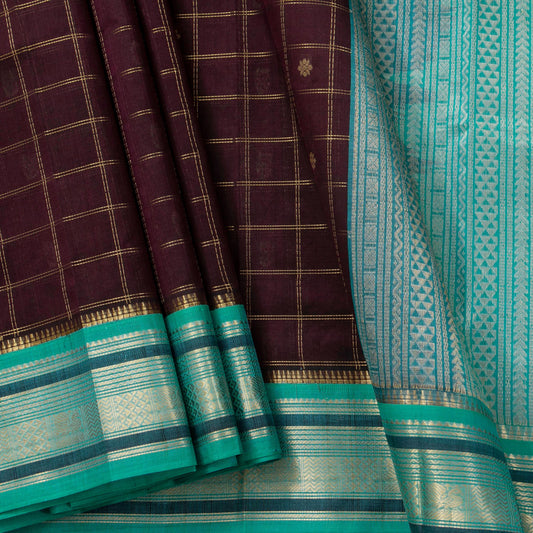 Purple And Teal Kanchi Silk Cotton Saree With Zari Checks For Festive Wear VP SC 174