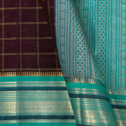 Purple And Teal Kanchi Silk Cotton Saree With Zari Checks For Festive Wear VP SC 174
