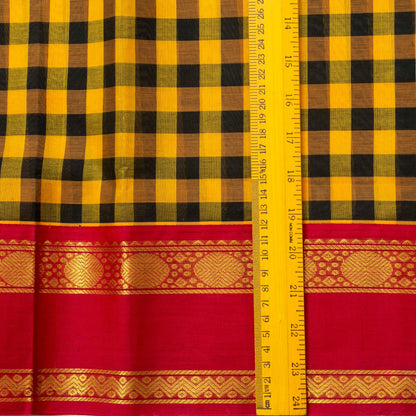 Yellow And Black Checked Kanchi Silk Cotton Saree With Red Korvai Border For Festive Wear VP SC 169