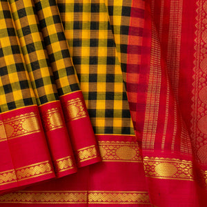 Yellow And Black Checked Kanchi Silk Cotton Saree With Red Korvai Border For Festive Wear VP SC 169