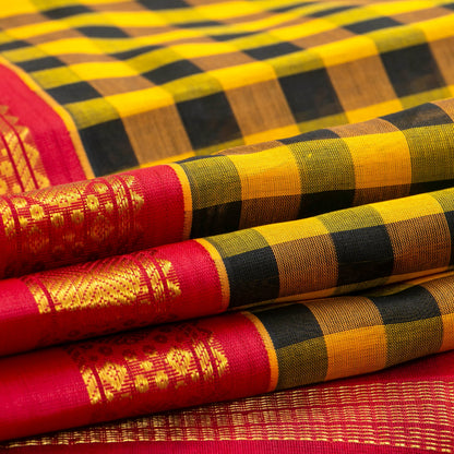 Yellow And Black Checked Kanchi Silk Cotton Saree With Red Korvai Border For Festive Wear VP SC 169