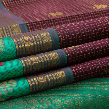 Deep Purple And Cyan Kanchi Silk Cotton Saree With Zari Checks For Festive Wear VP SC 129