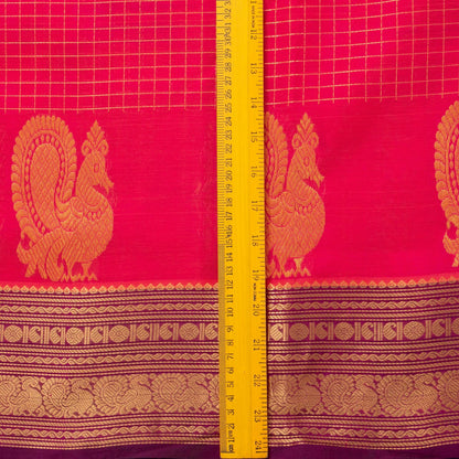 Pink And Brown Kanchi Silk Cotton Saree With Zari Checks For Festive Wear VP SC 124