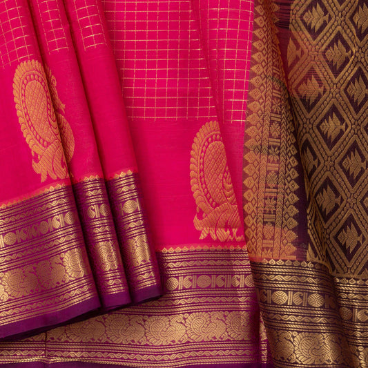 Pink And Brown Kanchi Silk Cotton Saree With Zari Checks For Festive Wear VP SC 124 - Silk Cotton - Panjavarnam VP SC 124