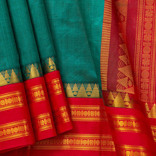 Teal And Red Kanchi Silk Cotton Saree With Vaira Oosi Zari Stripes For Festive Wear VP SC 130