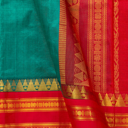 Teal And Red Kanchi Silk Cotton Saree With Vaira Oosi Zari Stripes For Festive Wear VP SC 130