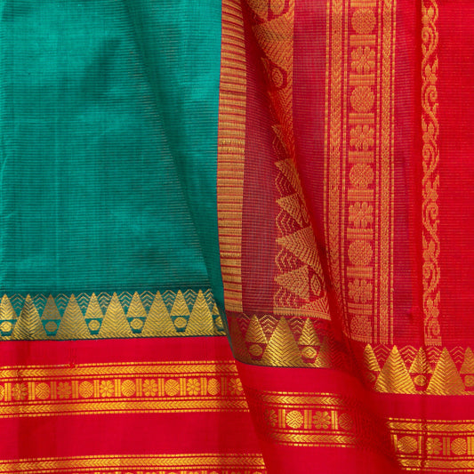 Teal And Red Kanchi Silk Cotton Saree With Vaira Oosi Zari Stripes For Festive Wear VP SC 130 - Silk Cotton - Panjavarnam VP SC 130
