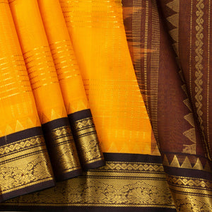 Yellow And Brown Kanchi Silk Cotton Saree WIth Korvai Border For Festive Wear VP SC 171