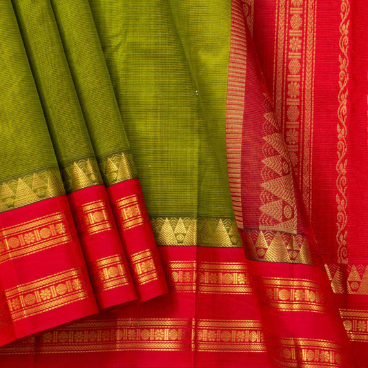 Light Green And Red Kanchi Silk Cotton Saree With Vaira Oosi Stripes And Korvai Border For Festive Wear VP SC 131