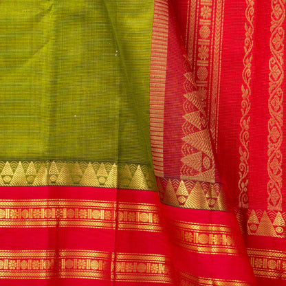 Light Green And Red Kanchi Silk Cotton Saree With Vaira Oosi Stripes And Korvai Border For Festive Wear VP SC 131