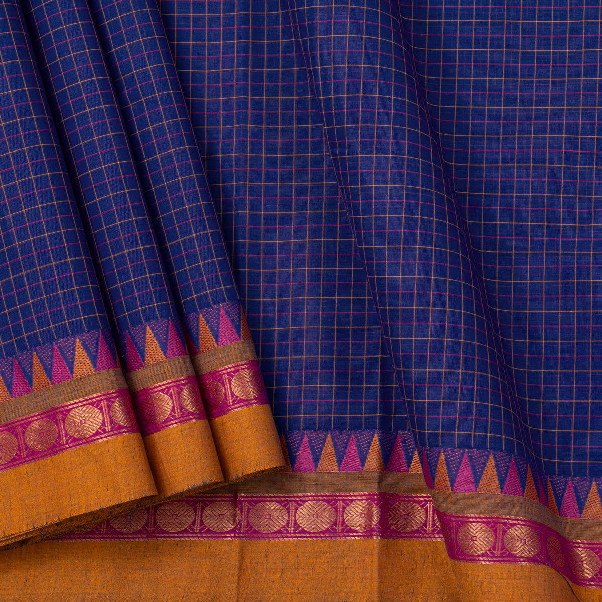Blue And Mustard Kanchi Cotton Saree For Festive Wear PV MM KC 753