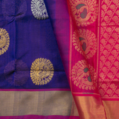 Blue And Pink Kanchi Silk Cotton Saree With Antique Zari For Festive Wear VP SC 123