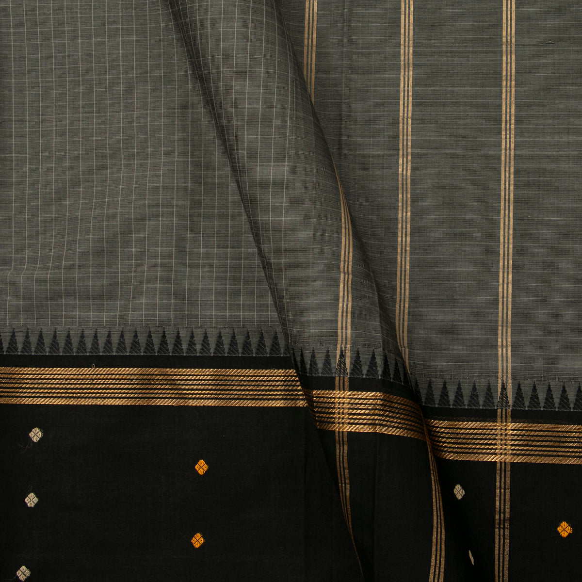 Grey And Black Kanchi Cotton Saree For Festive Wear PV MM KC 925