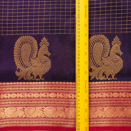Purple And Pink Kanchi Silk Cotton Saree With Zari Checks For Festive Wear VP SC 125