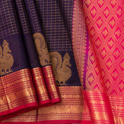 Purple And Pink Kanchi Silk Cotton Saree With Zari Checks For Festive Wear VP SC 125