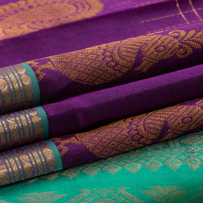 Violet And Turquoise Kanchi Silk Cotton Saree With Antique Zari For Festive Wear VP SC 126