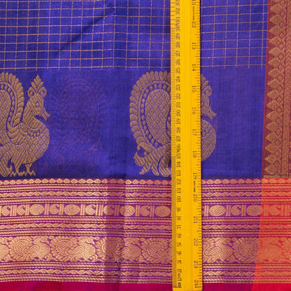 Blue And Red Kanchi Silk Cotton Saree With Zari Checks For Festive Wear VP SC 127