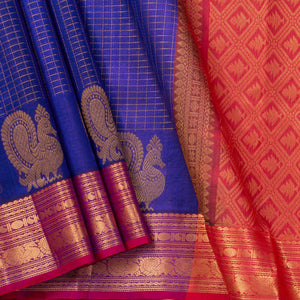 Blue And Red Kanchi Silk Cotton Saree With Zari Checks For Festive Wear VP SC 127