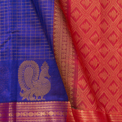 Blue And Red Kanchi Silk Cotton Saree With Zari Checks For Festive Wear VP SC 127
