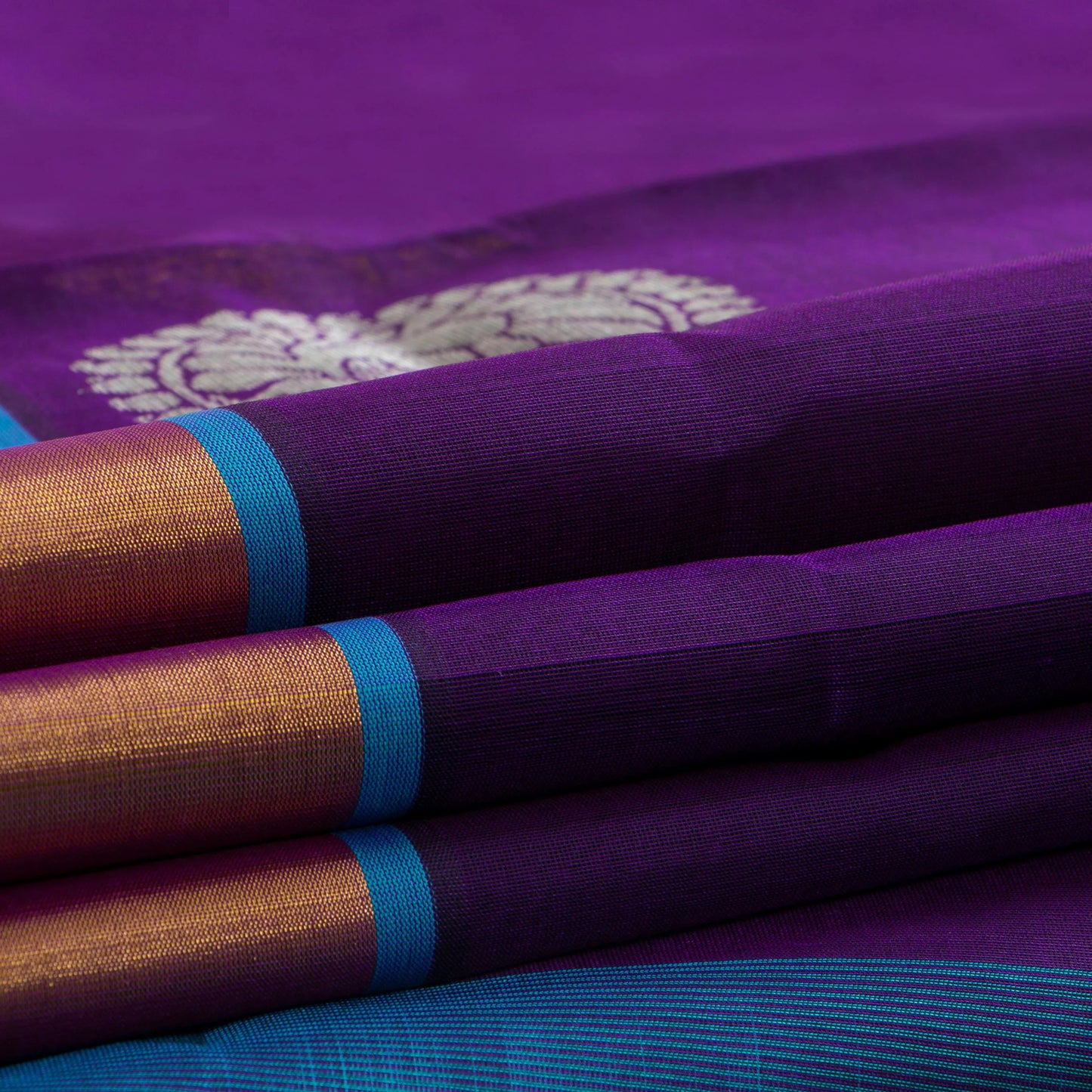 Purple And Ananda Blue Kanchi Silk Cotton Saree With Antique Zari For Festive Wear VP SC 122