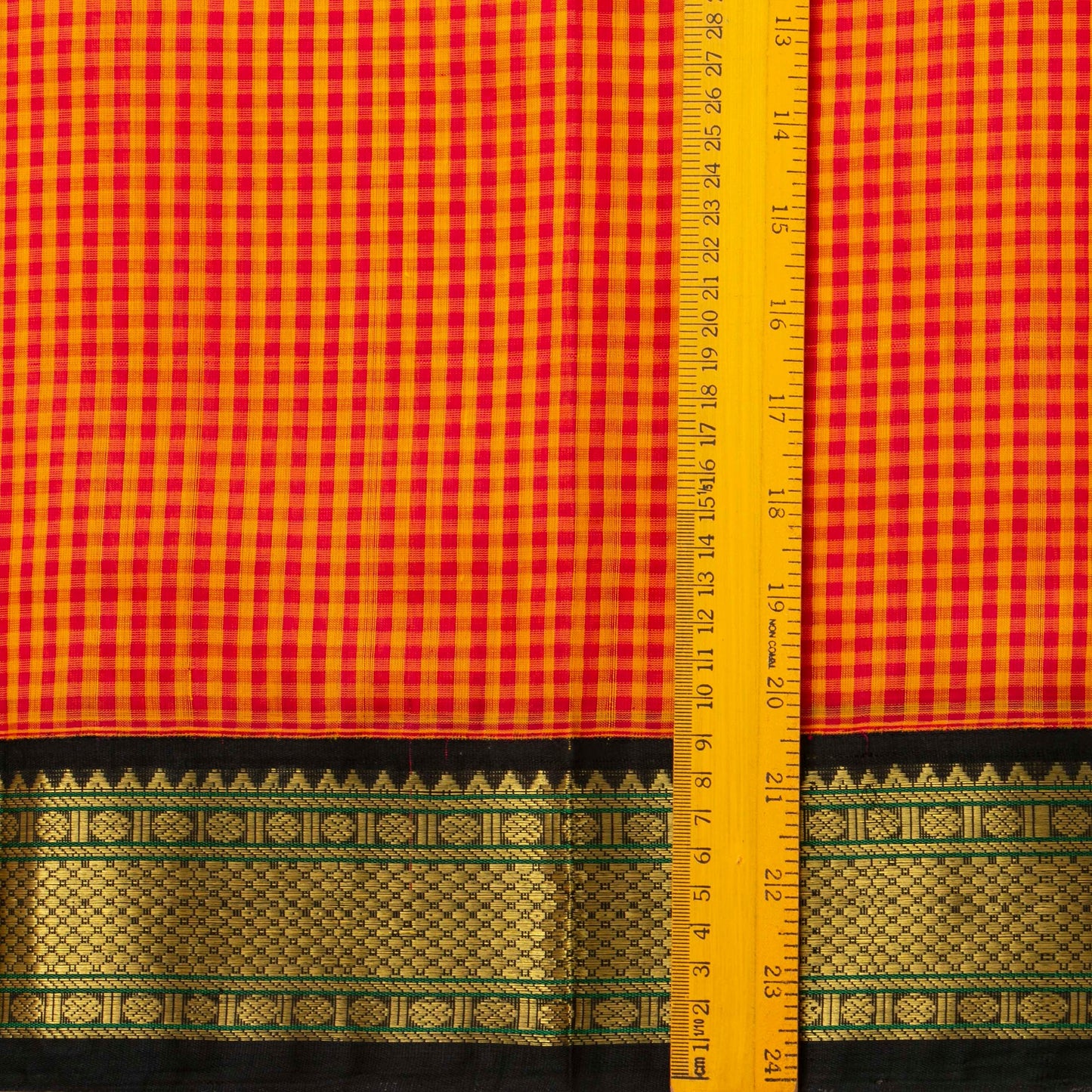 Red And Orange Checked Kanchi Silk Cotton Saree With Black Contrast Border For Festive Wear VP SC 170