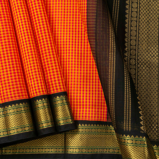 Red And Orange Checked Kanchi Silk Cotton Saree With Black Contrast Border For Festive Wear VP SC 170